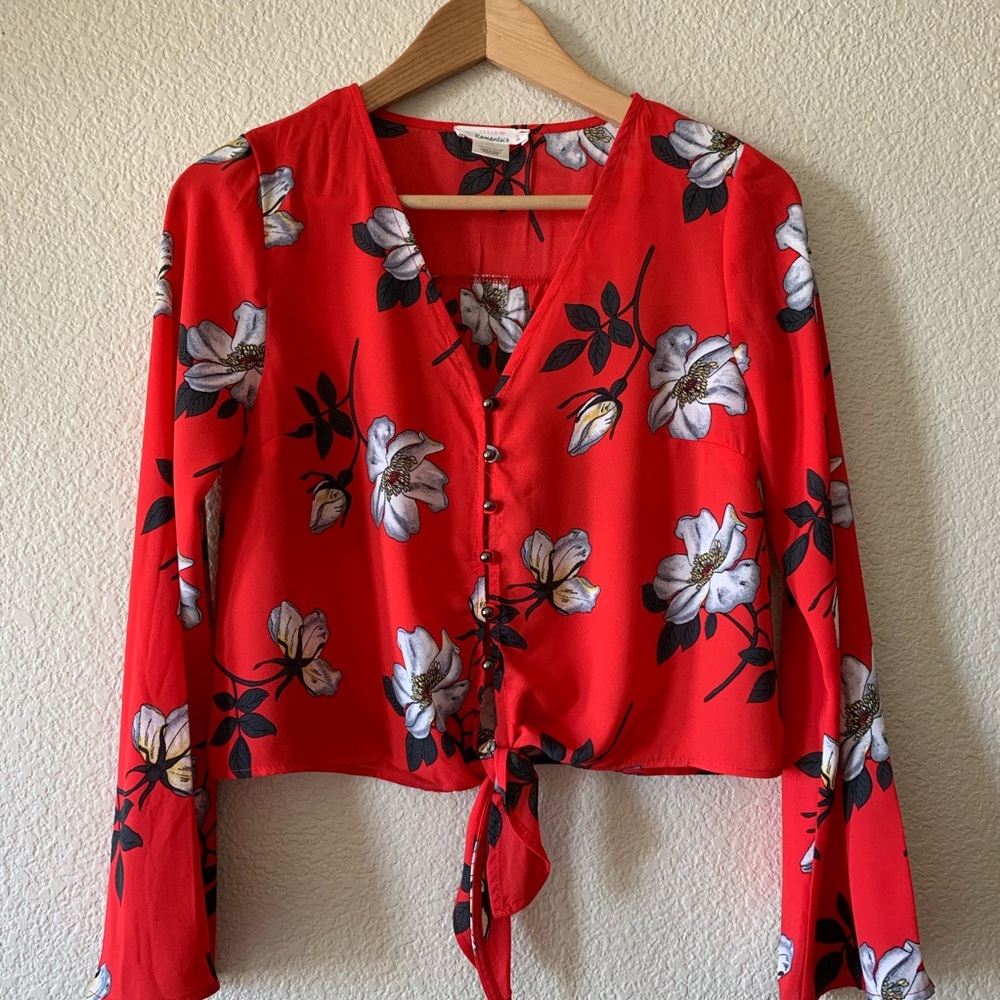 Red Floral Cropped Tie-Front Top